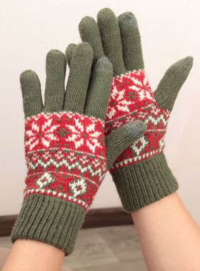 韩版双层加绒羊毛保暖手套秋冬男女雪花毛线针织五指触屏户外防寒