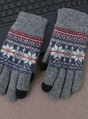 秋冬新韩版高级灰雪花加绒加厚五折防寒羊毛针织男女学生时尚手套