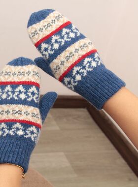 日本原单加绒加厚羊毛全包闷子半指翻盖费尔岛复古冬季保暖女手套