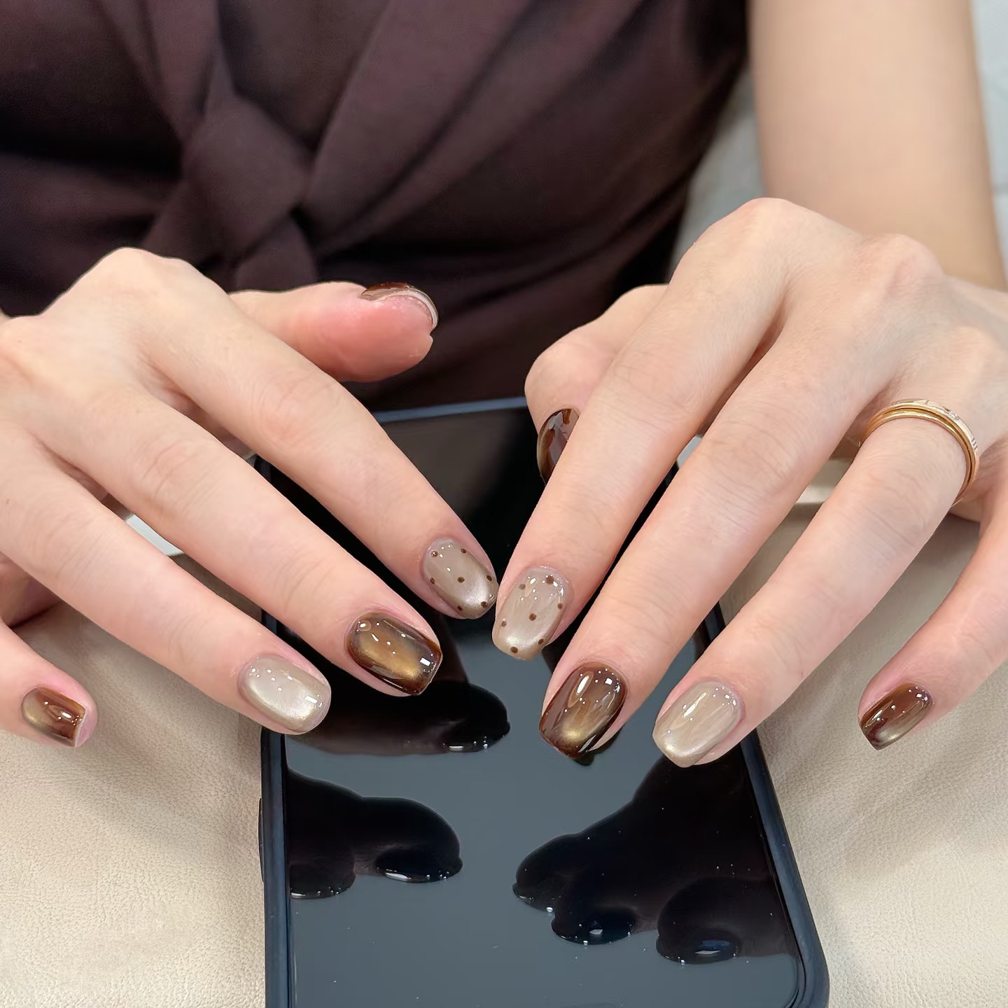 短款手工穿戴甲琥珀鎏金猫眼美甲