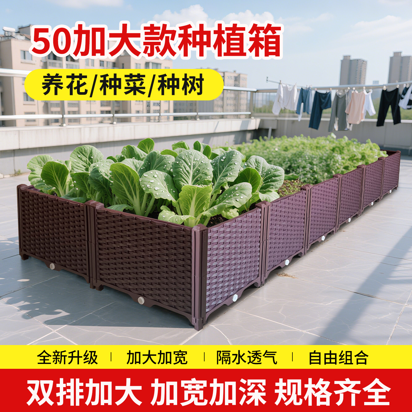 50宽 大号阳台种菜盆家庭屋顶蔬菜种植箱长方形塑料户外花盆花箱
