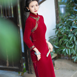 水貂绒旗袍2023新品女长款改良高档中袖蕾丝边高贵宴会秋冬装礼服