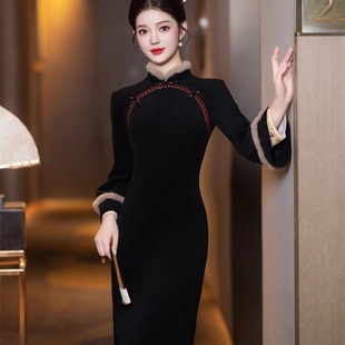 黑色旗袍新款2024女新中式秋冬季长袖加绒加厚改良年轻款高贵冬款