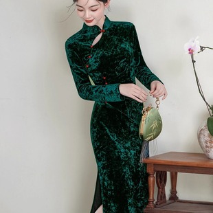 长袖旗袍女新中式2025新款绿色连衣裙复古气质高端民国风丝绒秋冬