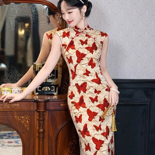 2025新款大花港风双层轻薄透气长款气质少女日常百搭优雅改良旗袍