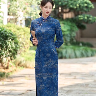 蓝色旗袍女新中式改良连衣裙秋季大码长款修身日常2025新款巨好看
