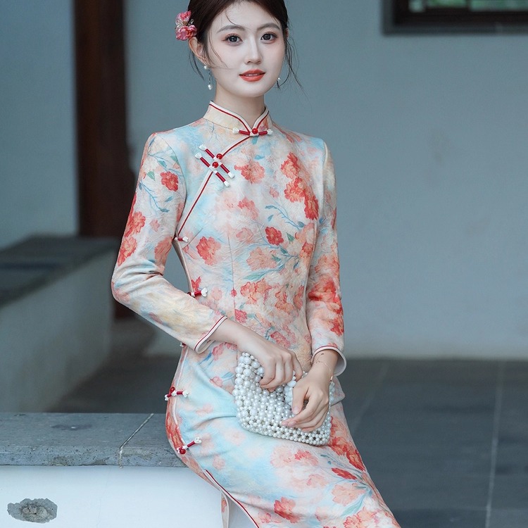 加绒加厚长袖旗袍新中式改良年轻款日常可穿连衣裙秋冬季中长款