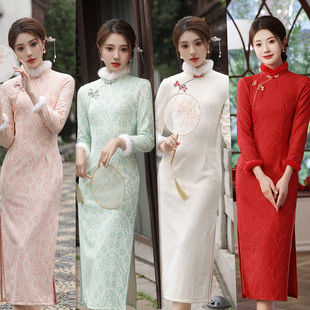 蕾丝旗袍红色连衣裙加绒加厚冬季女装新式改良年轻款日常复古修身