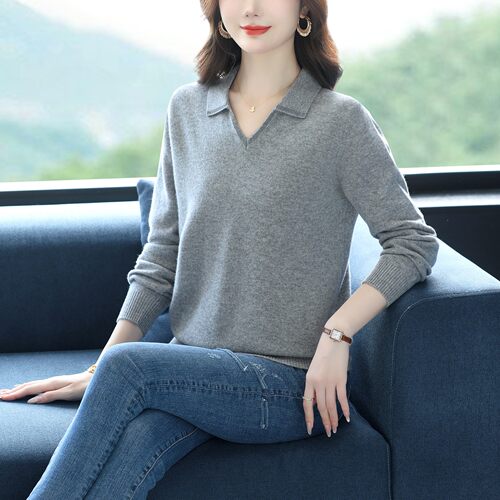 简约风翻领羊毛衫女红色宽松针织打底衫秋冬百搭上衣喜庆婚礼毛衣