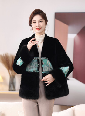 妈妈冬装水貂绒外套新款中老年女国风刺绣盘扣加厚仿皮草毛呢上衣