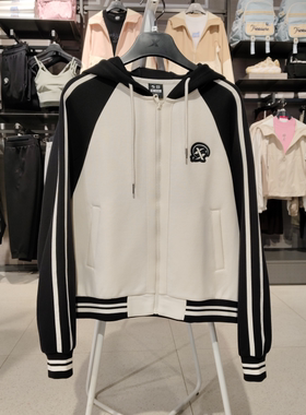 特步针织连帽外套女宽松休闲百搭拼色夹克新款976328940213