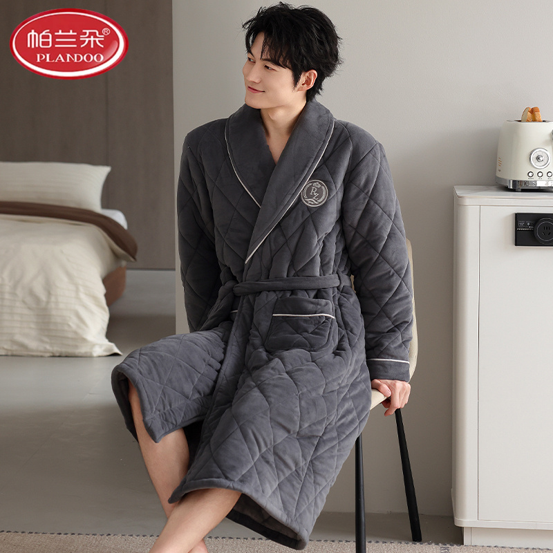 帕兰朵男士睡衣秋冬季珊瑚绒三层加厚加绒夹棉袄秋法兰绒长款睡袍