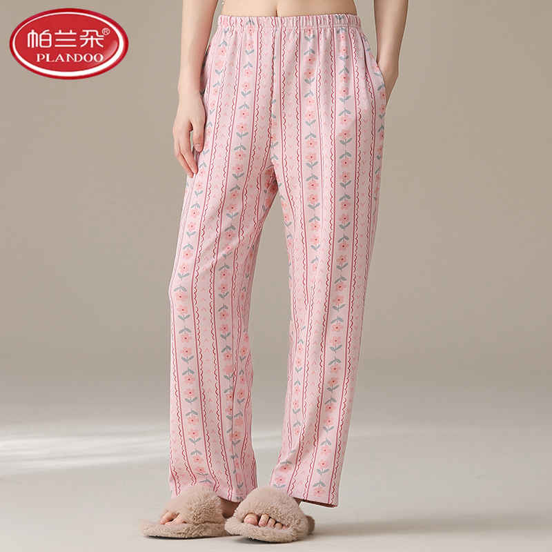 帕兰朵睡裤女春秋季100%纯棉长裤宽松加大码全棉秋冬卡通家居裤子
