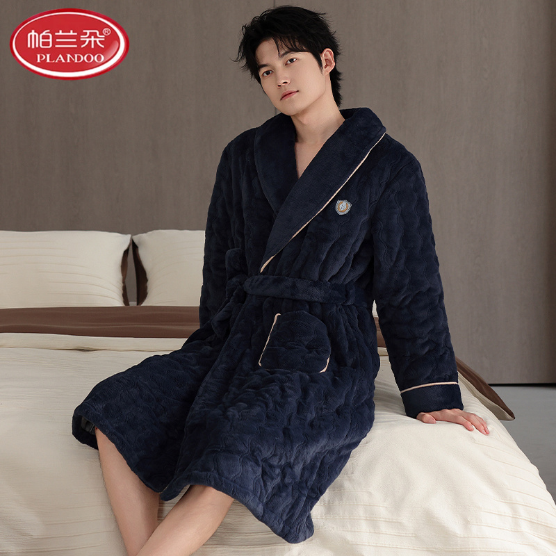 帕兰朵男士睡衣秋冬季珊瑚绒三层加厚加绒夹棉袄秋法兰绒长款睡袍