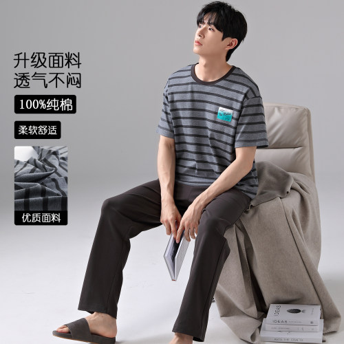 帕兰朵夏季100%纯棉短袖长裤休闲男士夏天薄款全棉爸爸男款家居服