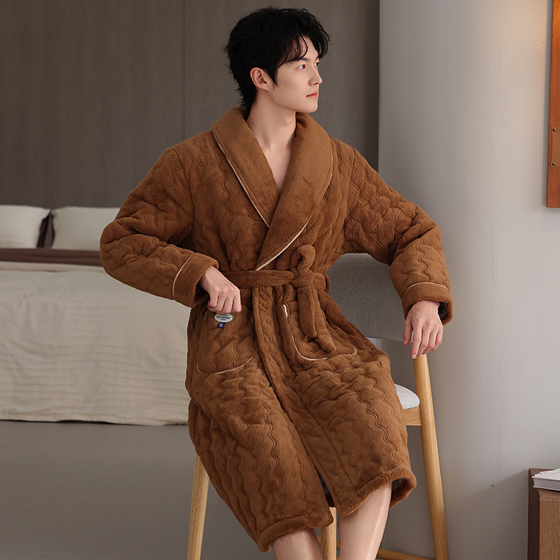 帕兰朵男士睡衣秋冬季珊瑚绒三层加厚加绒夹棉袄秋法兰绒长款睡袍