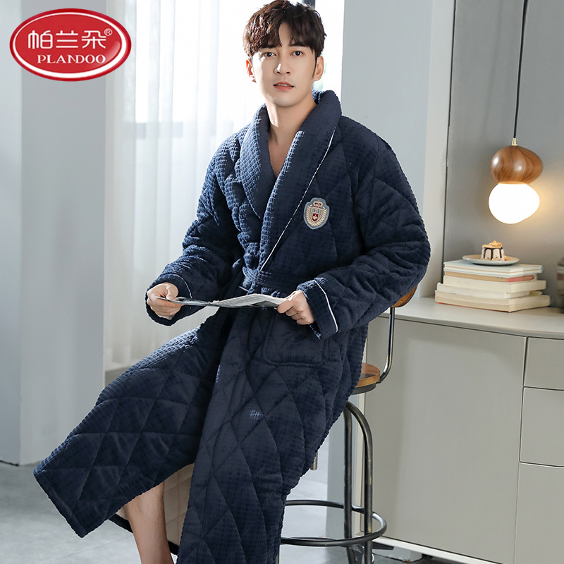 帕兰朵珊瑚绒男士三层夹棉睡衣睡袍冬季新款加厚保暖袄浴袍法兰绒