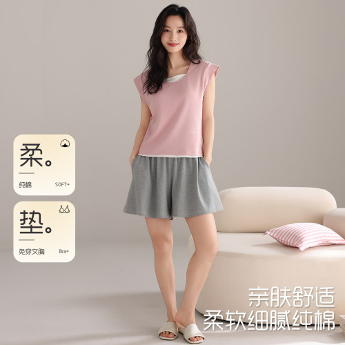 帕兰朵自带胸垫睡衣女夏季100%纯棉薄款无袖背心全棉套装纯色新款
