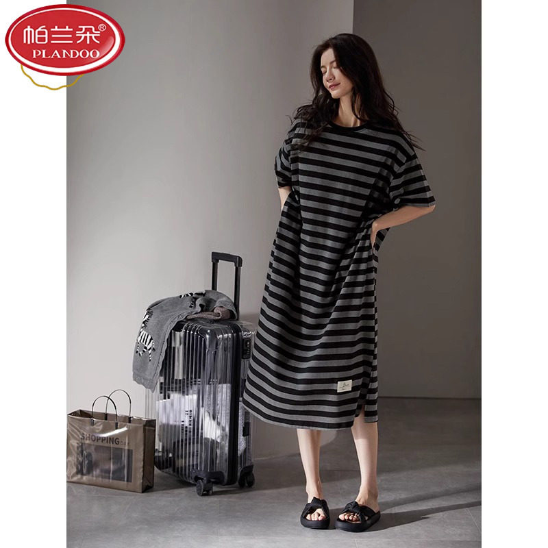 帕兰朵短袖睡裙条纹中长款睡衣休闲夏天学生宽松胖MM夏夏季可外穿