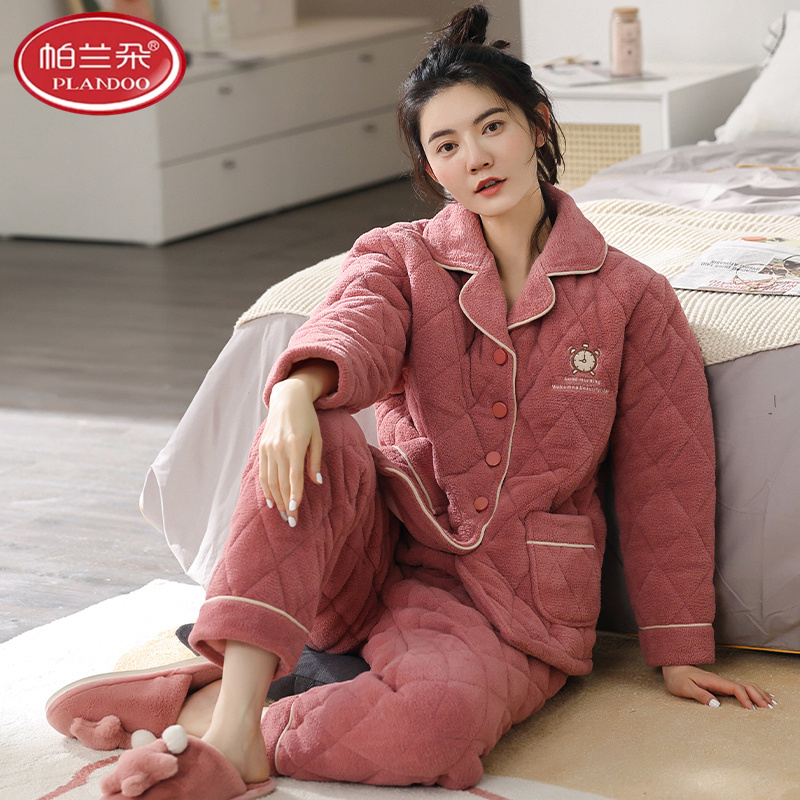 帕兰朵珊瑚绒睡衣女冬季加绒加厚三层夹棉可外穿秋冬款家居服套装