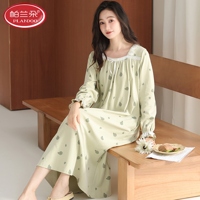 帕兰朵睡裙女春秋款纯棉拉架长袖2025新款爽棉睡衣可外穿家居服裙