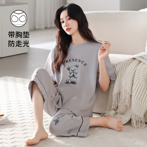 帕兰朵带胸垫睡衣女夏薄款100%纯棉短袖七分裤卡通全棉胖mm家居服