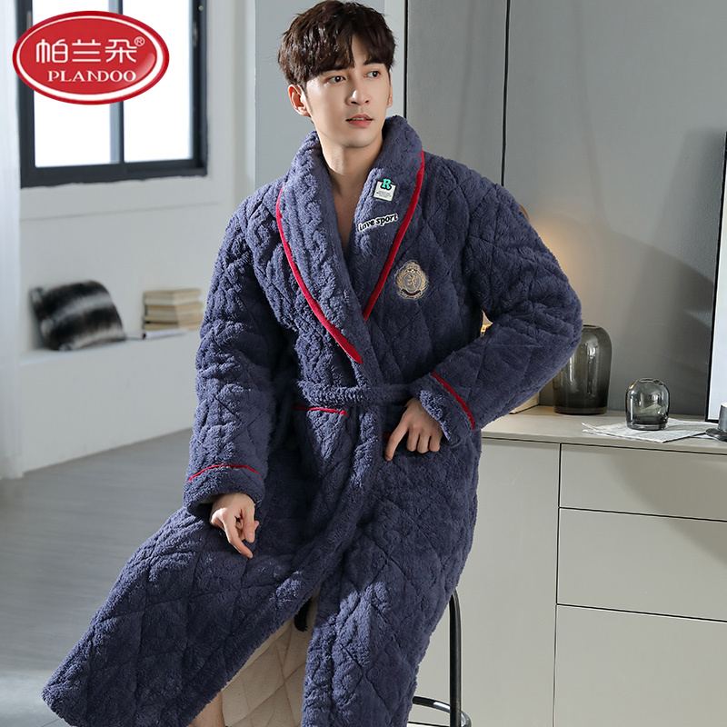 帕兰朵珊瑚绒男士三层夹棉睡衣睡袍冬季新款加厚保暖袄浴袍法兰绒