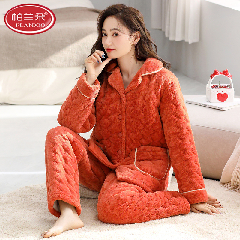 帕兰朵珊瑚绒睡衣女冬季加绒加厚三层夹棉可外穿秋冬款家居服套装
