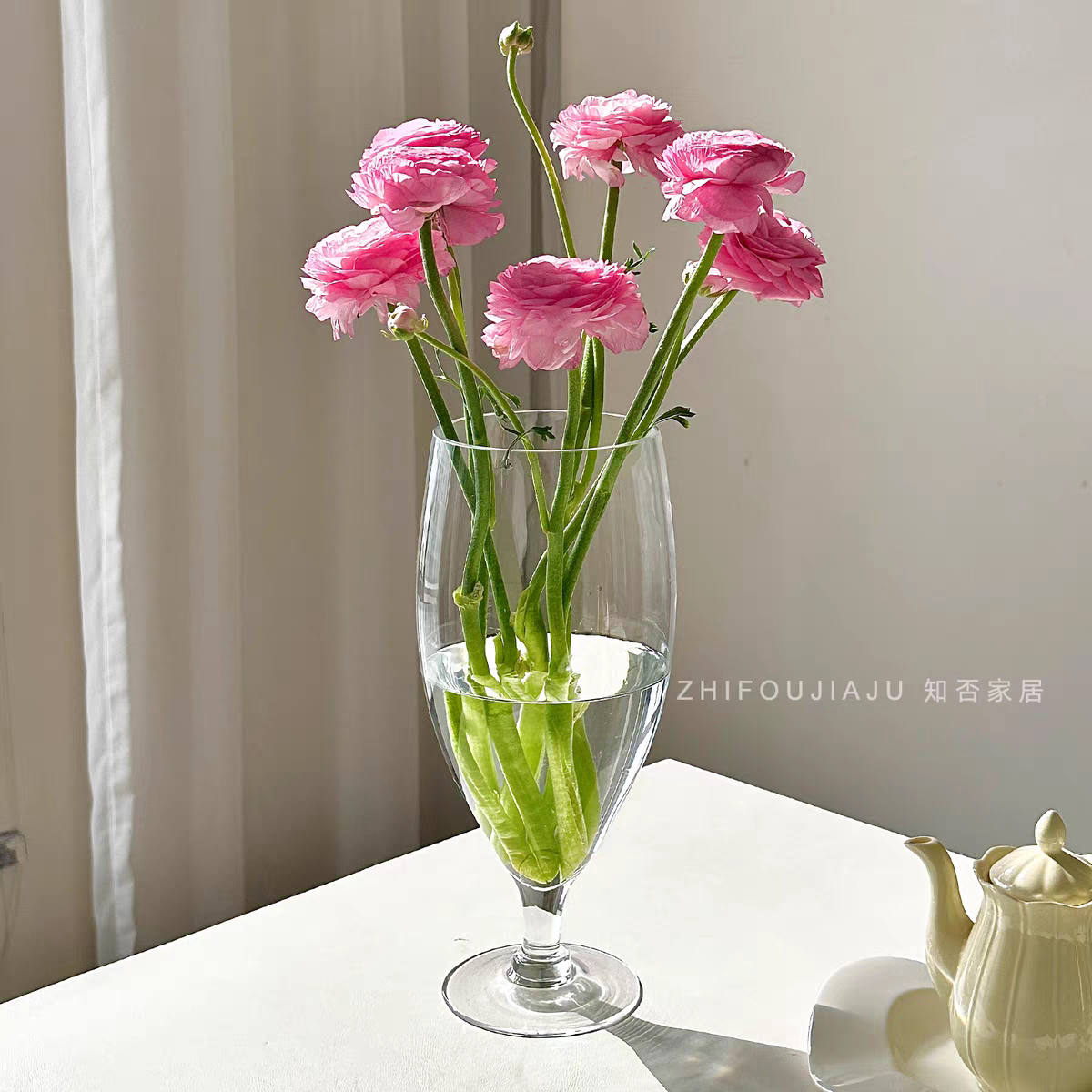 法式轻奢大号花瓶透明高级感水养鲜切花百合透明底座居家装饰摆件