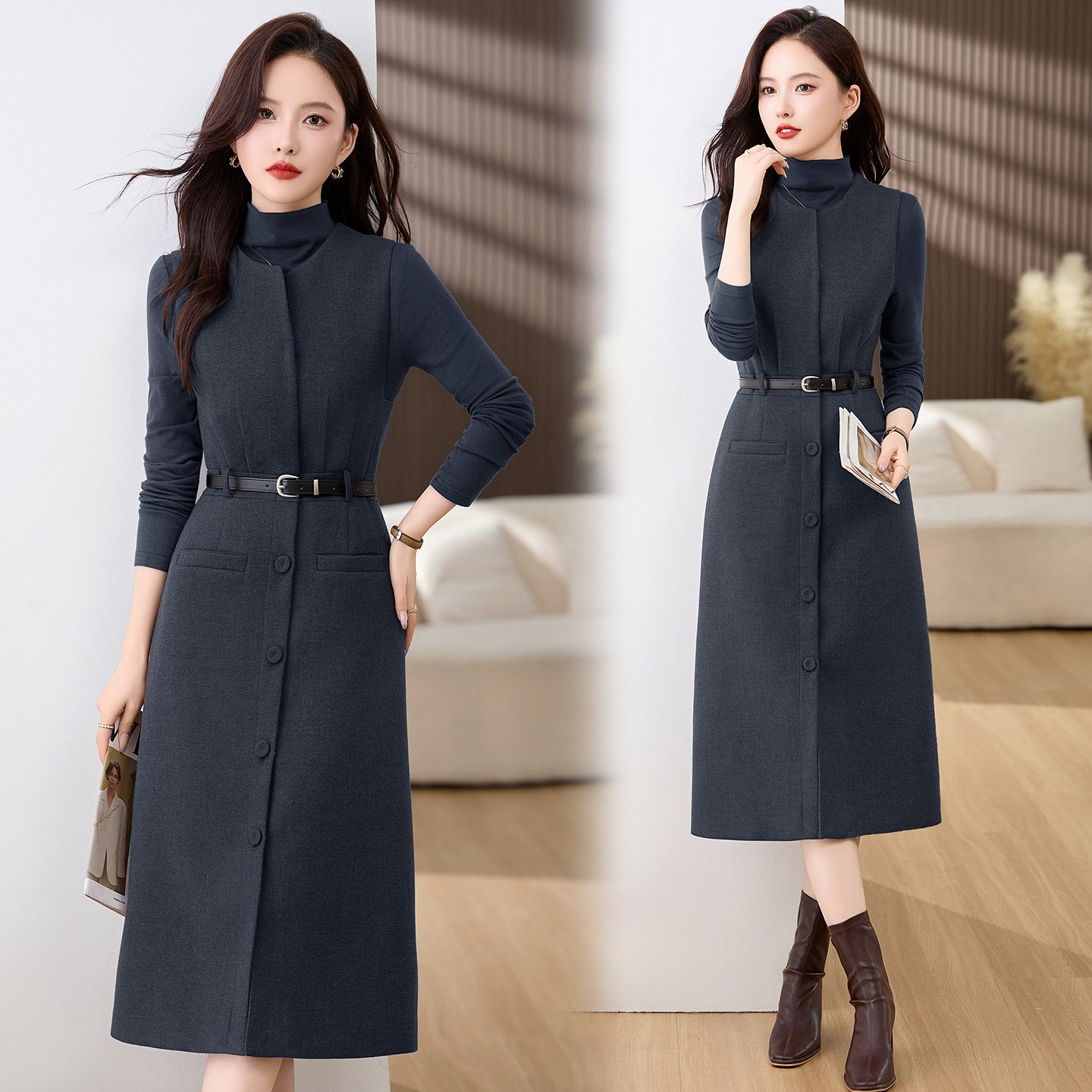 时尚小香风套装女秋冬高级感气质毛呢背心裙内搭打底衫两件套洋气