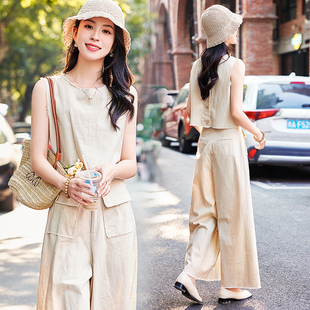 超火春装一整套2025夏季新款上衣阔腿裤两件套开春穿搭套装女棉麻