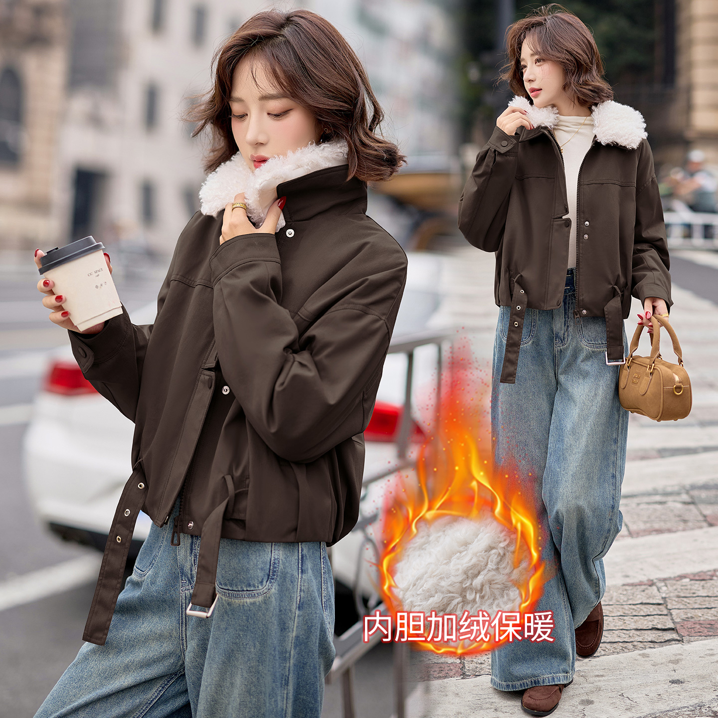 韩版加绒加厚派克服女短款