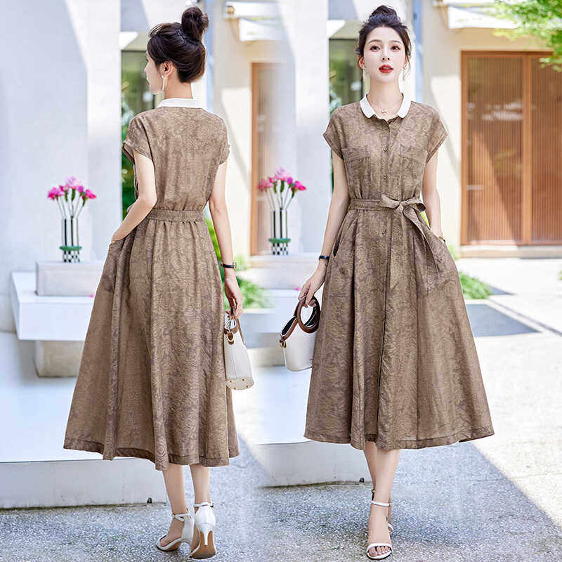 连衣裙女装中长款夏季新款收腰显瘦高端奢华大牌天丝气质衬衫裙子