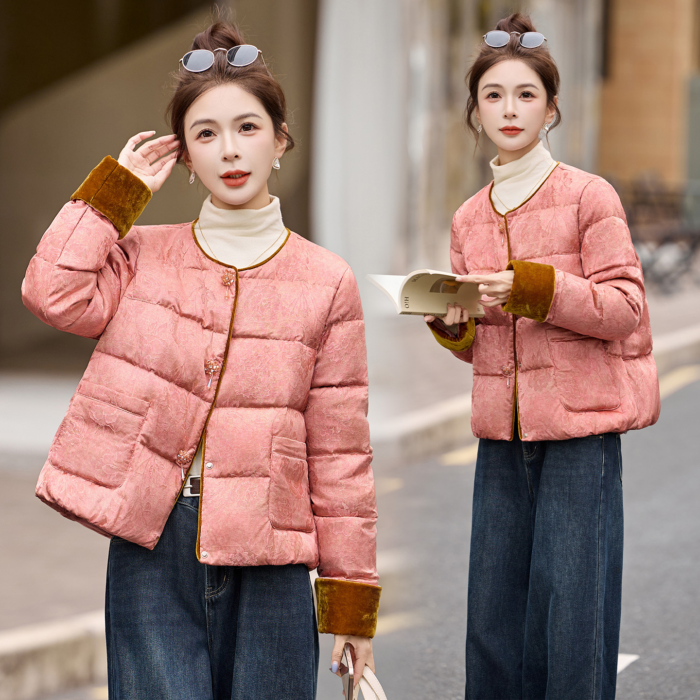 新中式温柔风粉色羽绒服女