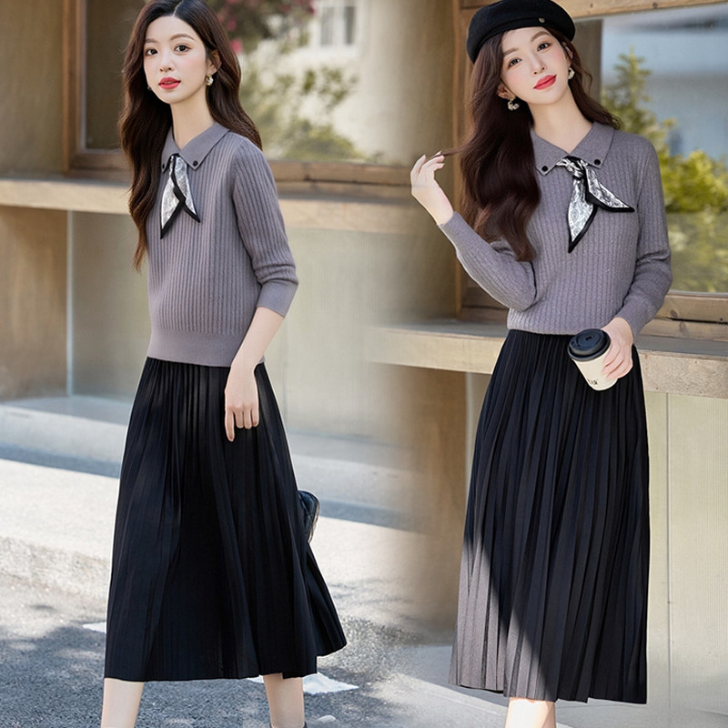 时尚百褶裙套装女2025春秋新款洋气独特针织衫半身裙两件套高级感