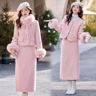 小香风狐狸毛羽绒服套装女冬季2025新款爆款轻奢千金毛呢套装裙子
