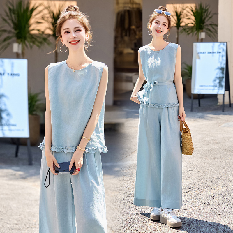 棉麻背心套装女2025夏季休闲时尚减龄显瘦亚麻阔腿裤两件套慵懒风
