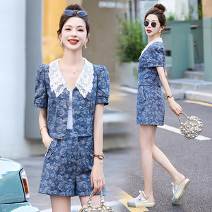 小香风套装女夏季2025新款时尚洋气减龄牛仔短裤两件套气质高级感