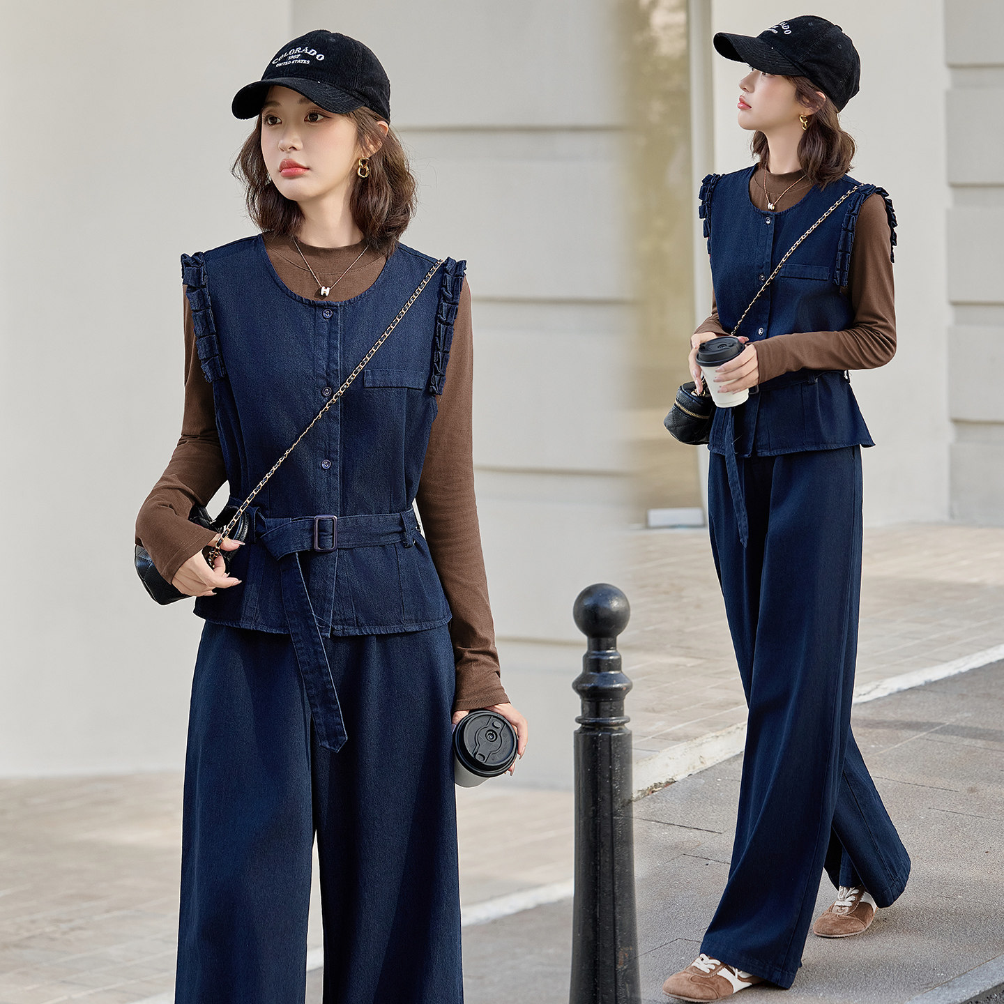 牛仔马甲阔腿裤套装女秋季新款洋气时尚时髦气质打底衫三件套休闲