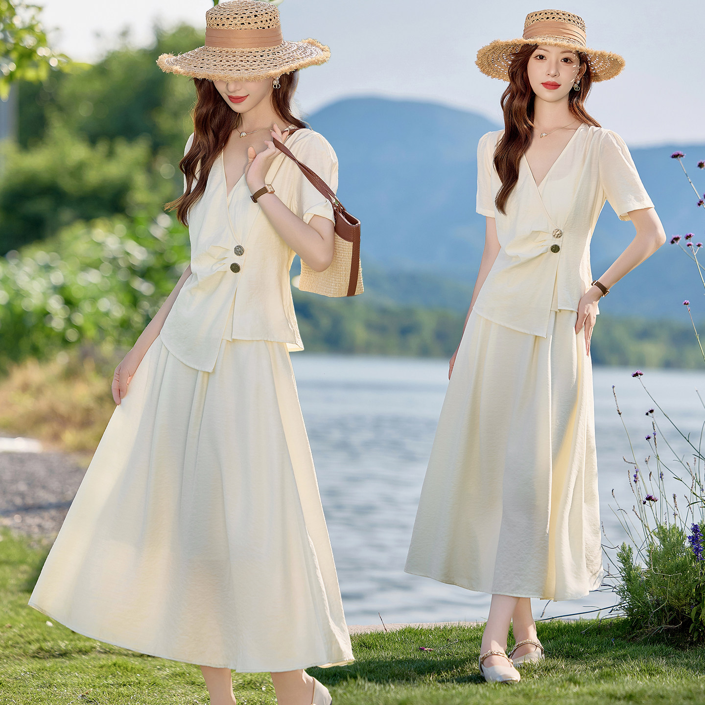 2025夏季新款时尚套装女韩版减龄短袖上衣半身裙两件套穿搭一整套