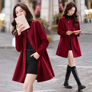 设计感双面羊毛呢子大衣女2025秋冬款气质显瘦红色毛呢外套小个子