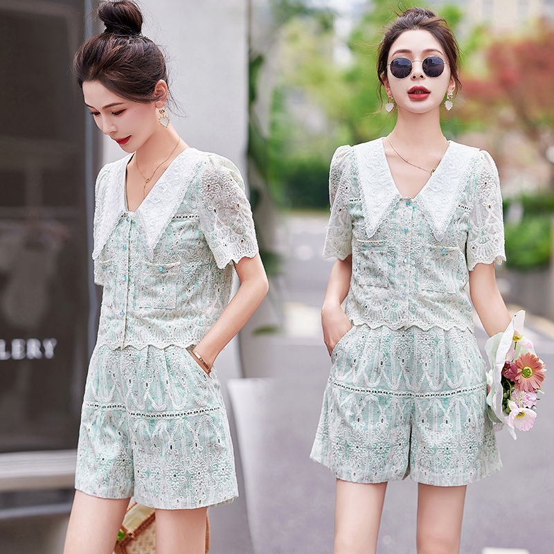 短裤套装女夏季穿搭一整套时尚洋气减龄小香风蕾丝刺绣两件套时髦