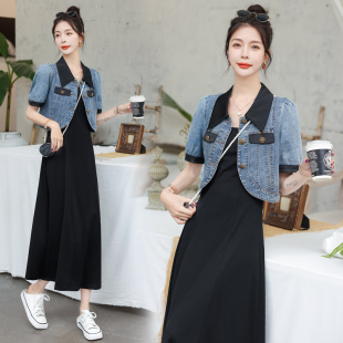 法式牛仔套装女裙短袖洋气2025春夏吊带连衣裙遮肚子两件套高级感