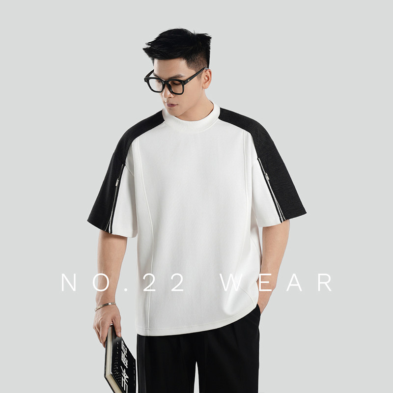 二十二号穿搭夏季凉感撞色拼接小众拉链设计款宽松休闲短袖T恤男