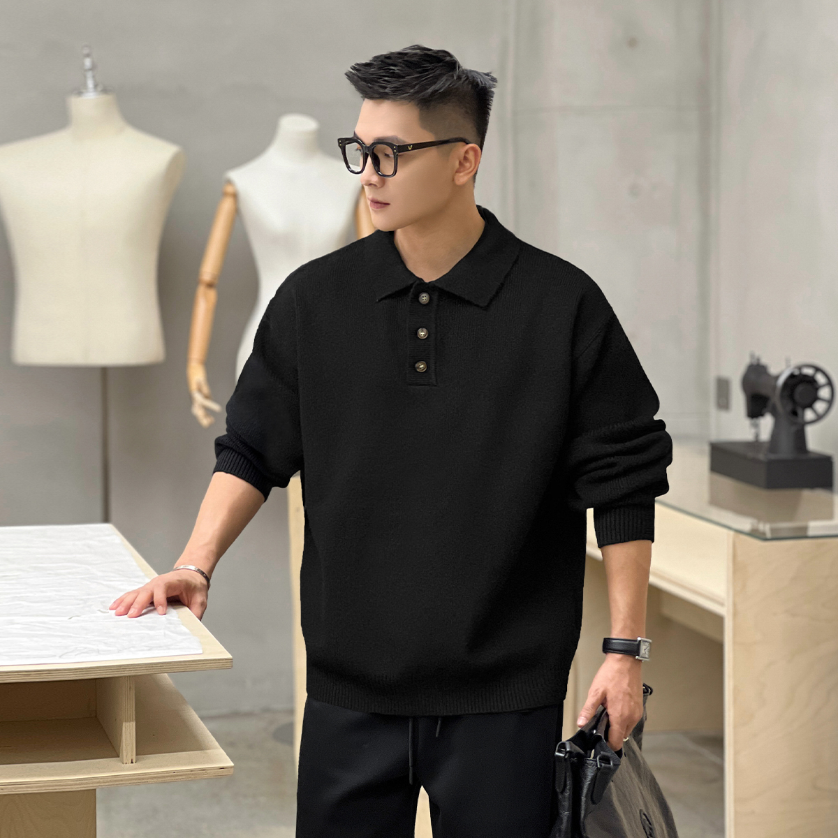 二十二号穿搭通勤老钱风冬季重磅翻领针织衫毛衣男休闲打底衫上衣