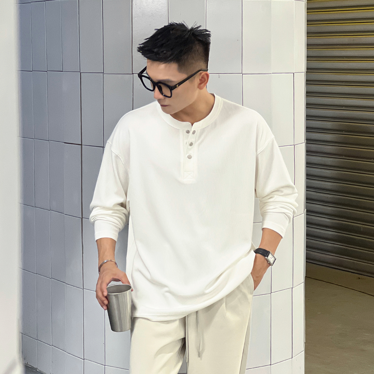 二十二号穿搭老钱亨利领男士秋季轻薄款长袖内搭打底衫设计感上衣