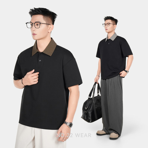 小众撞色拼接领POLO衫男夏季