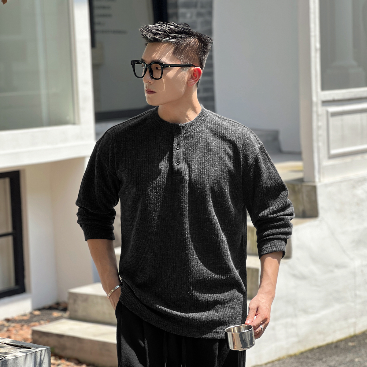 NO22WEAR肌理感老钱风亨利领长袖T恤男士秋冬百搭宽松内搭打底衫