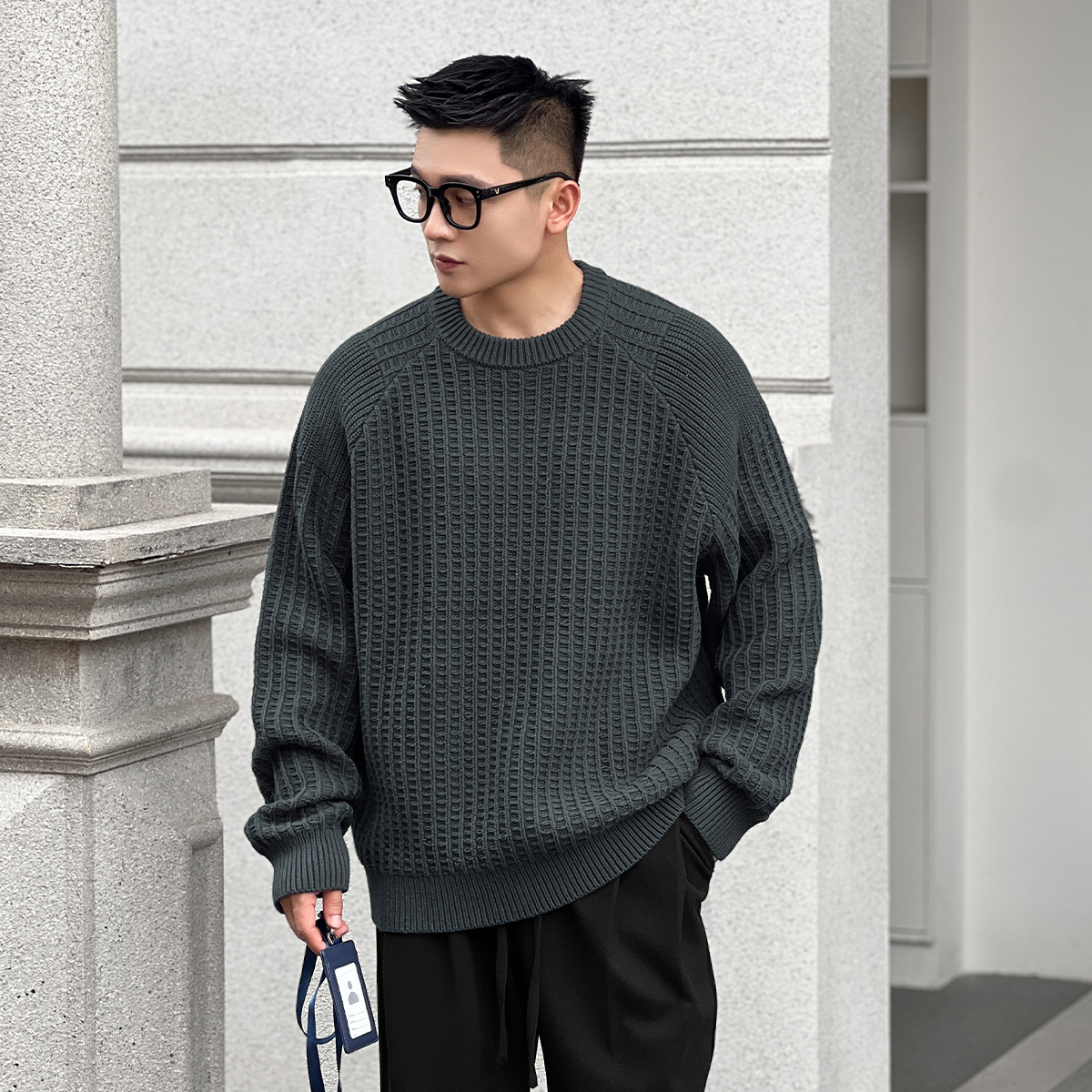 二十二号穿搭重磅肌理感套头圆领毛衣冬季宽松休闲男士针织衫上衣