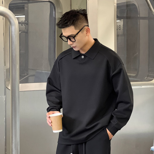 二十二号穿搭老钱风显肩宽设计款翻领男士卫衣高级感长袖通勤上衣